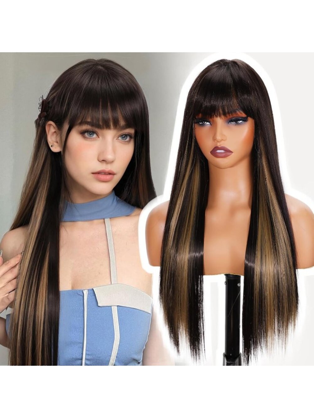 26Inch Women's Milk Tea Brown Straight Synthetic Natural Highlight Wig with Bang
